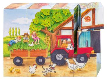 Würfelpuzzle Jahreszeiten auf dem Bauernhof aus Holz