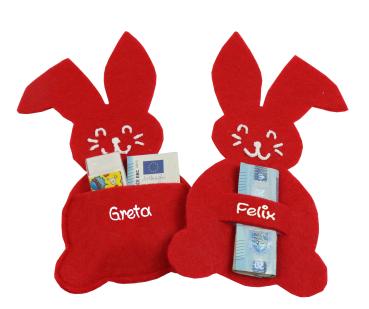 Filzhase mit Füssen personalisiert und Einstecklasche oder Einstecktasche in verschiedenen Farben