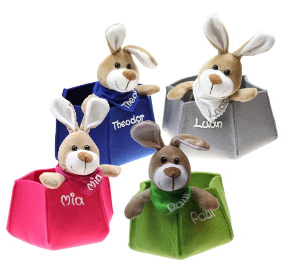 Osterkörbchen Filz mit Kuschelhase und mit Name in verschiedenen Farben